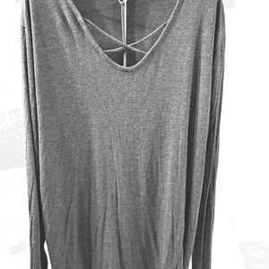Long Sleeve V-Neck Cross-Back Top - Gray